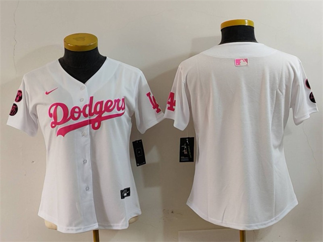 Women's Los Angeles Dodgers Blank White/Pink Vin & Kobe Patch Stitched Baseball Jersey(Run Small) Women's Los Angeles Dodgers Blank White/Pink Vin & Kobe Patch Stitched Baseball Jersey(Run Small)